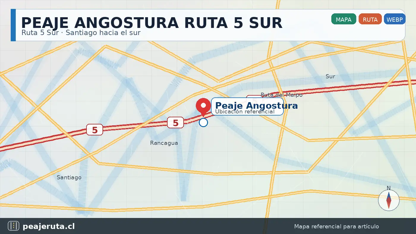 Ubicación del Peaje Angostura en mapa de carretera con tramo Ruta del Maipo