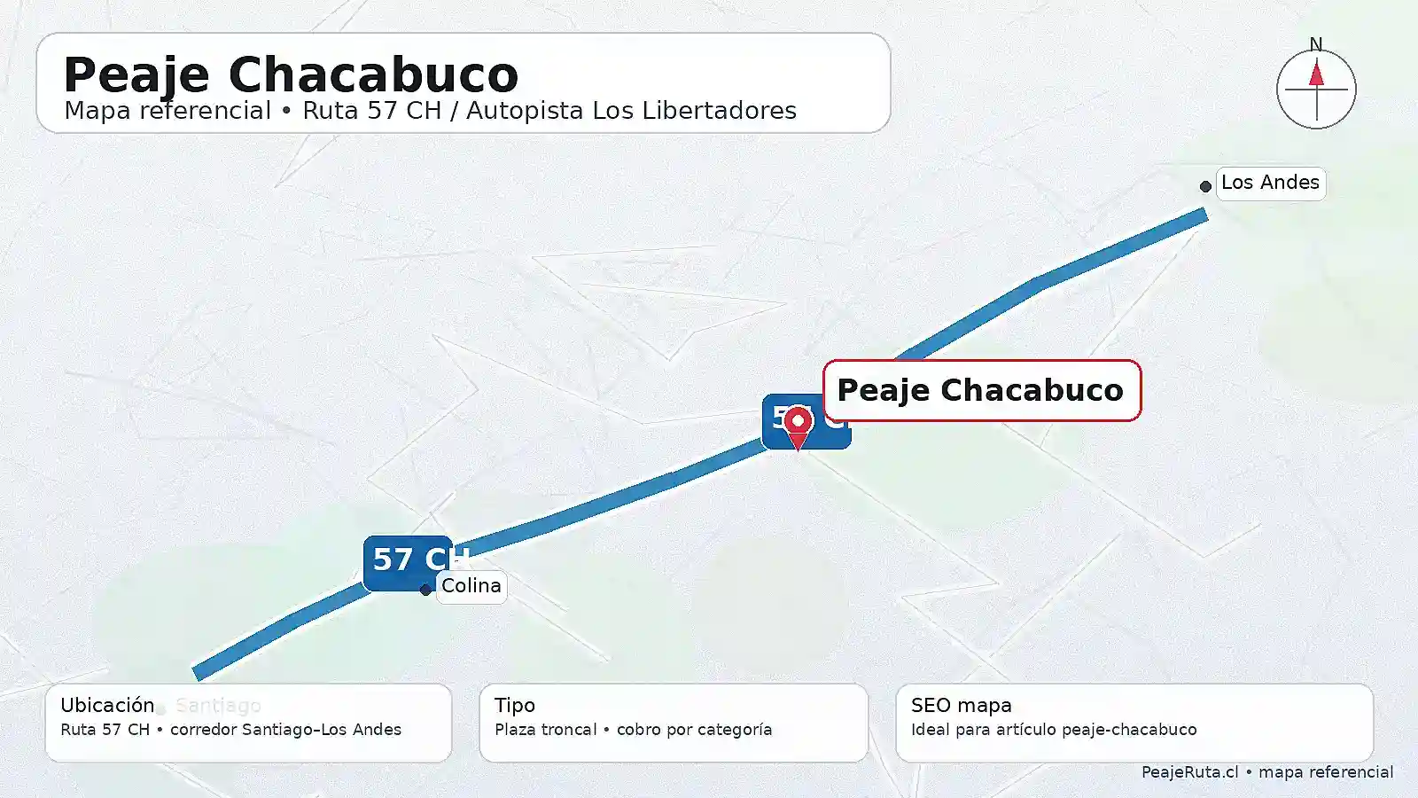 Mapa del Peaje Chacabuco en la Ruta 57 CH con trazado de Autopista Los Libertadores y punto de peaje señalado