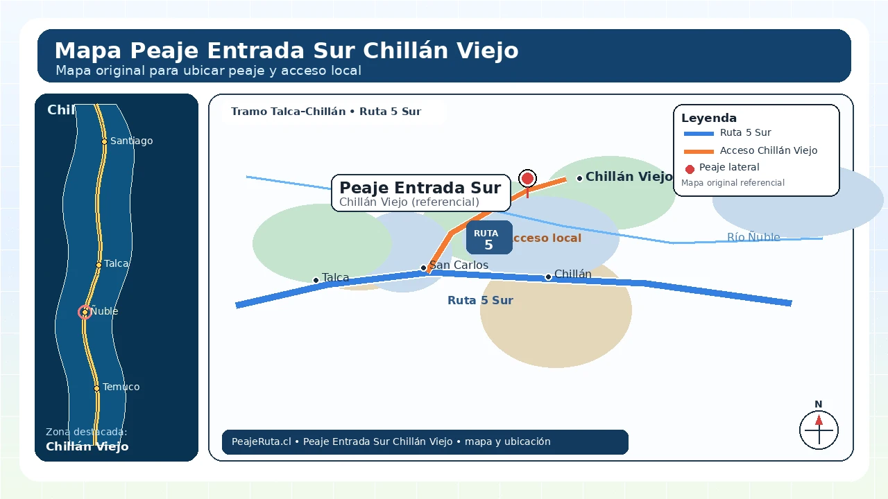Peaje Entrada Sur Chillán Viejo mapa original SEO con ruta 5 sur, acceso a Chillán Viejo y referencia de ubicación
