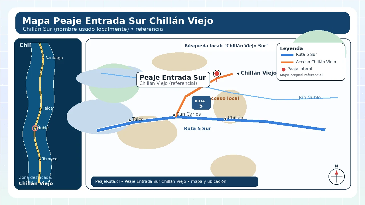 Ubicación del peaje Entrada Sur de Chillán Viejo en mapa referencial de Ruta 5 Sur para planificar viaje