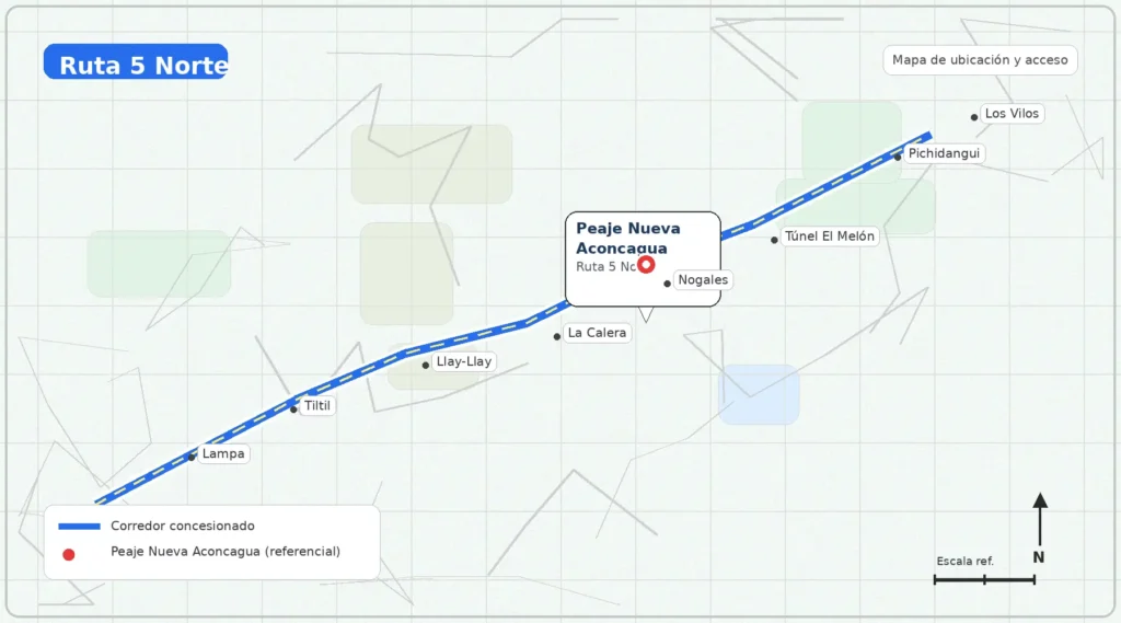 Mapa del Peaje Nueva Aconcagua en Ruta 5 Norte con ubicación referencial y accesos principales
