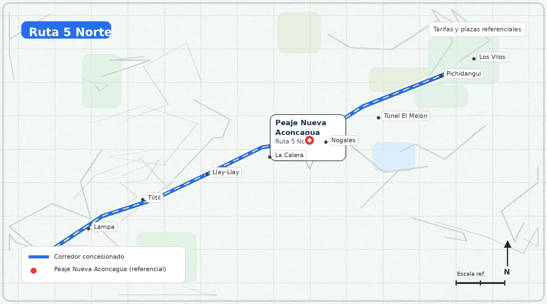 Mapa de peajes Nueva Aconcagua en Ruta 5 Norte con tramo Santiago Los Vilos y puntos de referencia