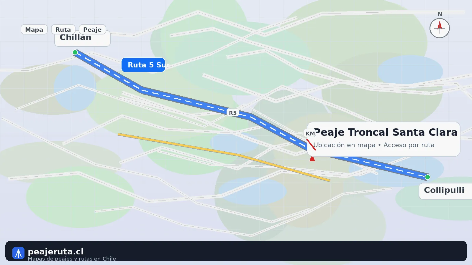 Mapa del Peaje Troncal Santa Clara para planificar ruta entre Chillán y Collipulli