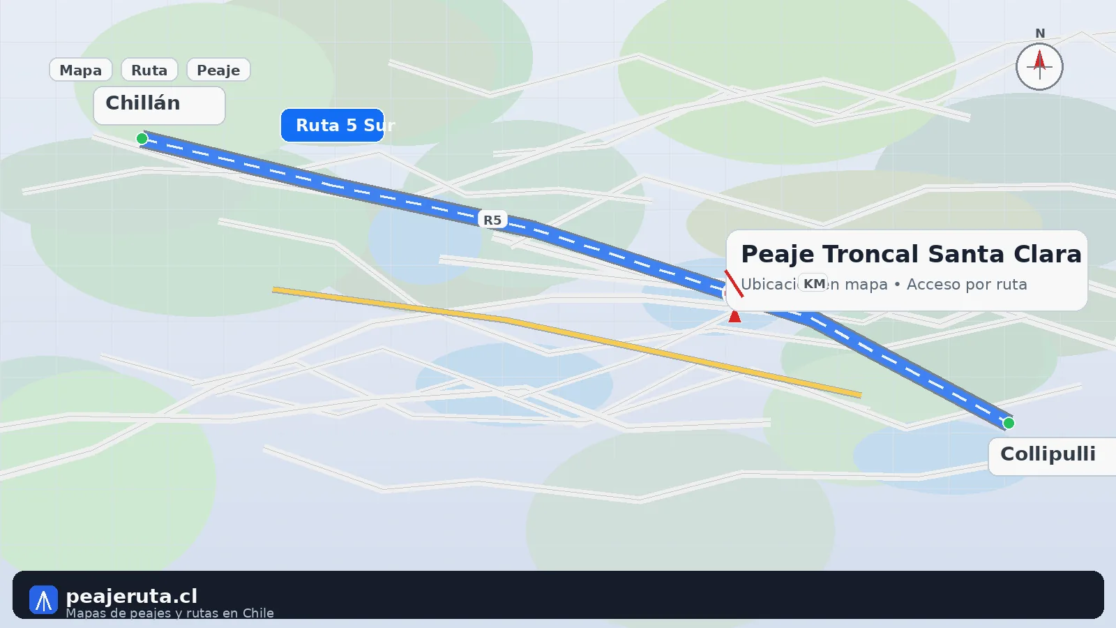 Mapa de acceso al Peaje Troncal Santa Clara con tramo concesionado y ruta principal