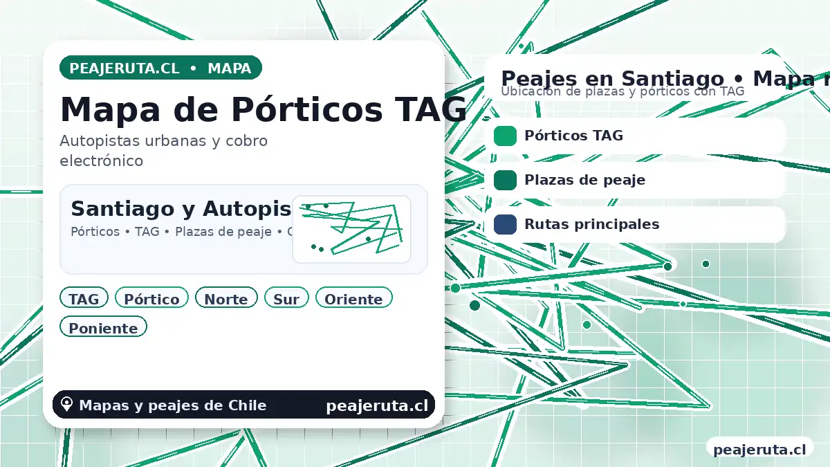 Mapa de peajes en Santiago con rutas urbanas y pórticos de cobro electrónico