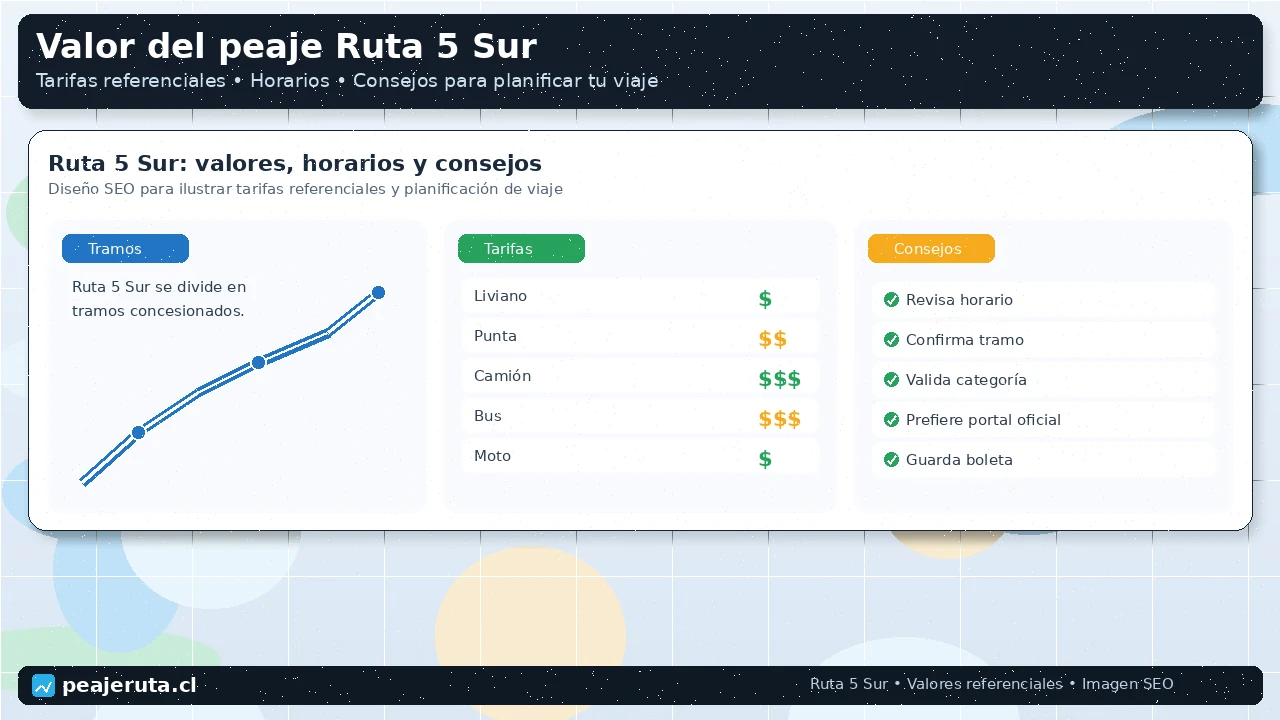 Guía visual del valor del peaje Ruta 5 Sur con tramos horarios y recomendaciones de pago
